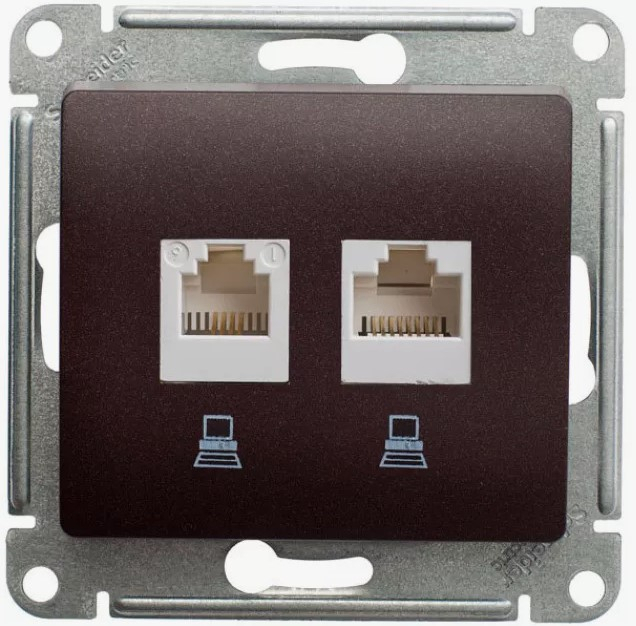 Розетка двойная компьютерная RJ45 Cat.5 Schneider Electric GLOSSA, шоколад